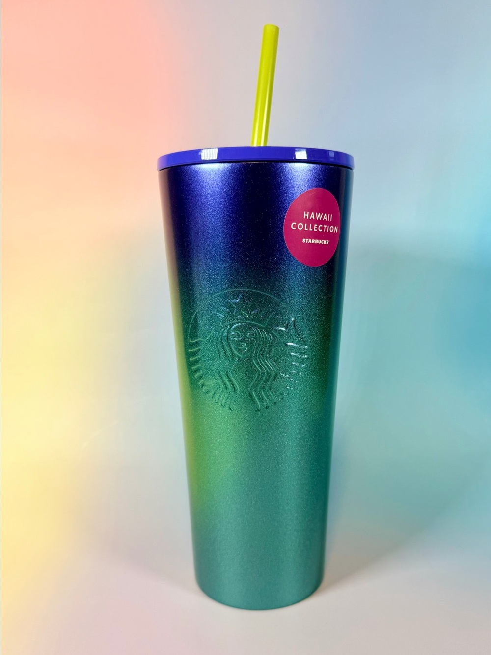 Starbucks Iridescent Blue-Green Tumbler with Purple Lid and Yellow Straw